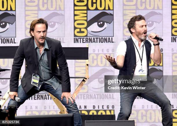Actors Richard Speight Jr. And Rob Benedict perform onstage at the "Supernatural" panel during Comic-Con International 2017 at San Diego Convention...