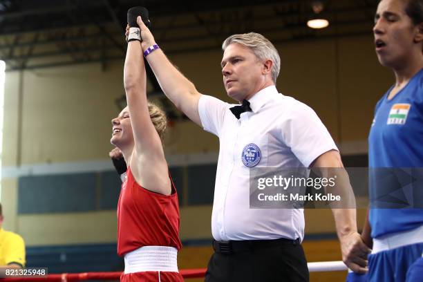 Ella Boot of Australia celebrates winning the Girls 60 kg Gold Medal bout between Ella Boot of Australia and Jony of India on day 6 of the 2017 Youth...