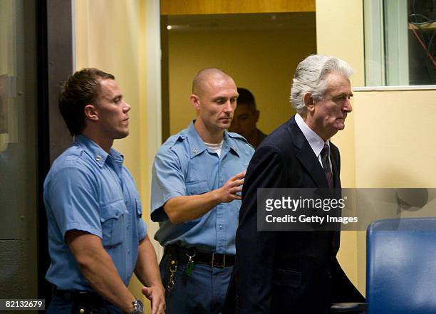 Former Bosnian Serb leader Radovan Karadzic makes an initial appearance at the International Criminal Tribunal for the former Yugoslavia on July 31,...