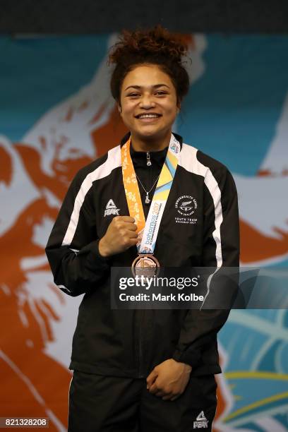 Bronze medalist Pelea Soara Fruean of New Zealand poses after the presentation for the Girls 60kg boxing on day 6 of the 2017 Youth Commonwealth...