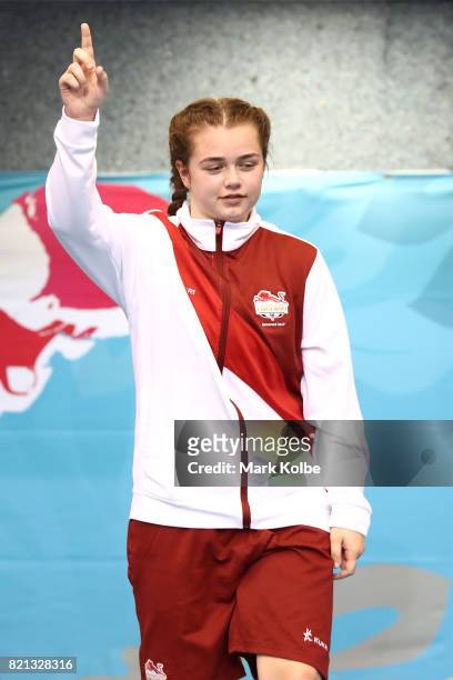 Georgia O'Connor of England celebrates winning the Girls 75kg Gold Medal bout between Georgia O'Connor of England and Naomie Pelletier of Canada on...
