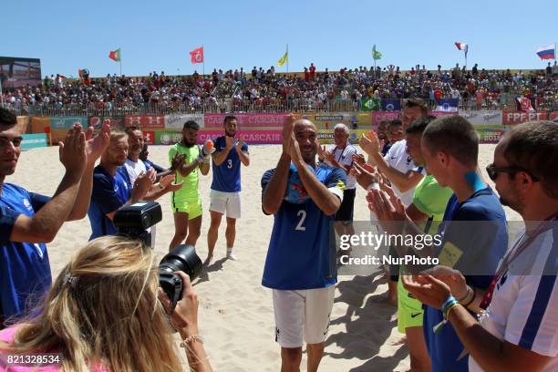 France's defender Fischer is awarded by his last game for the National team during the Beach Soccer Mundialito 2017 match between Russia and France...