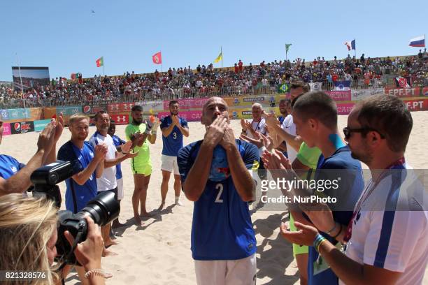 France's defender Fischer is awarded by his last game for the National team during the Beach Soccer Mundialito 2017 match between Russia and France...