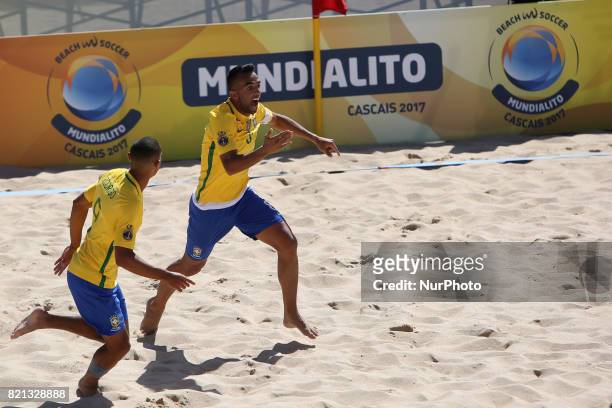 Brazil's defender Bruno Xavier celebrates after scoring a goal during the Beach Soccer Mundialito 2017 match between Portugal and Brazil at the...