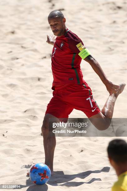 Brazil's defender Bruno Xavier celebrates after scoring a goal during the Beach Soccer Mundialito 2017 match between Portugal and Brazil at the...