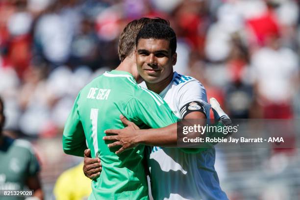 David de Gea of Manchester United hugs Casemiro of Real Madrid at full time as he misses the final penalty during the International Champions Cup...