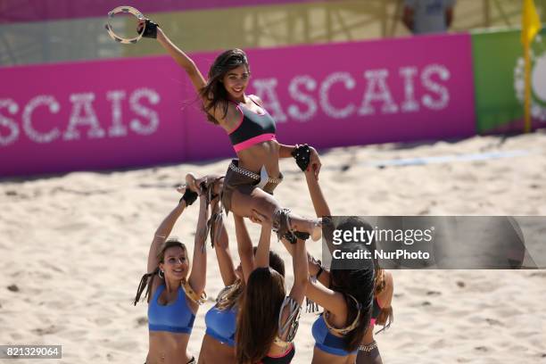 Cheerleaders perform during the Beach Soccer Mundialito 2017 match between Portugal and Brazil at the Carcavelos beach in Cascais, Portugal, on July...
