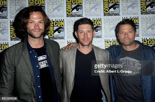 Actors Jared Padalecki, Jensen Ackles and Misha Collins at the "Supernatural" panel during Comic-Con International 2017 at San Diego Convention...