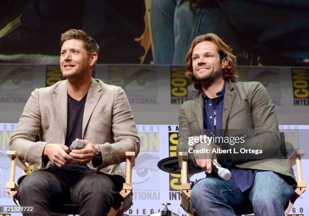 Actors Jensen Ackles and Jared Padalecki at the "Supernatural" panel during Comic-Con International 2017 at San Diego Convention Center on July 23,...