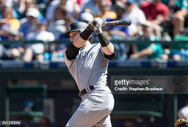 Clint Frazier of the New York Yankees hits a two-run double off of relief pitcher Tony Zych of the Seattle Mariners to score Todd Frazier of the New...