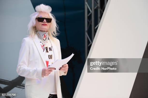 British iconic fashion designer Pam Hogg holds a conference at Pure London fashion fair, London on July 23, 2017. Pure London is the UKs leading...