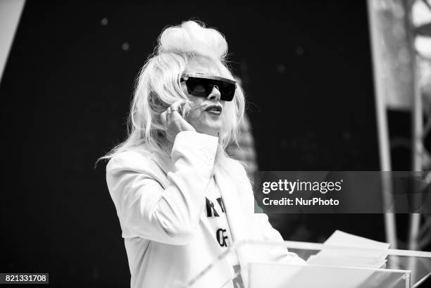 British iconic fashion designer Pam Hogg holds a conference at Pure London fashion fair, London on July 23, 2017. Pure London is the UKs leading...