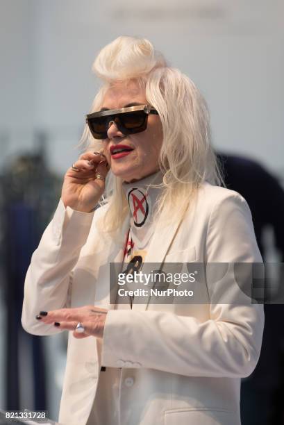 British iconic fashion designer Pam Hogg holds a conference at Pure London fashion fair, London on July 23, 2017. Pure London is the UKs leading...