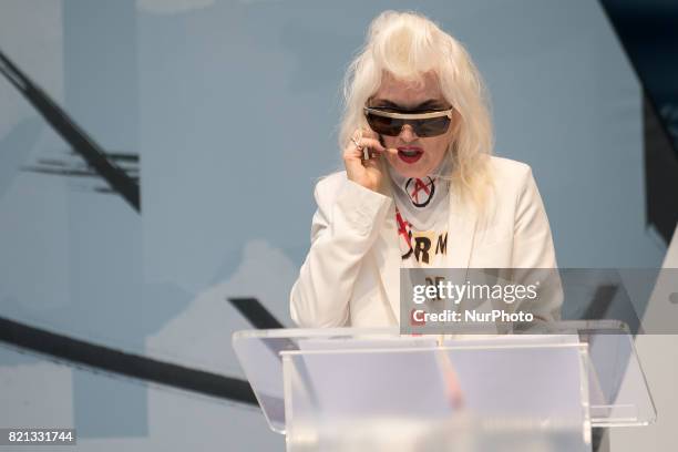 British iconic fashion designer Pam Hogg holds a conference at Pure London fashion fair, London on July 23, 2017. Pure London is the UKs leading...