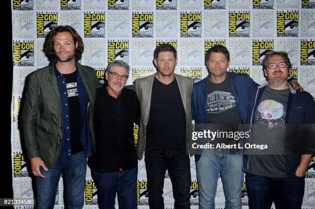 Actor Jared Padalecki, writer/producer Robert Singer, actors Jensen Ackles and Misha Collins, and writer/producer Andrew Dabb at the "Supernatural"...