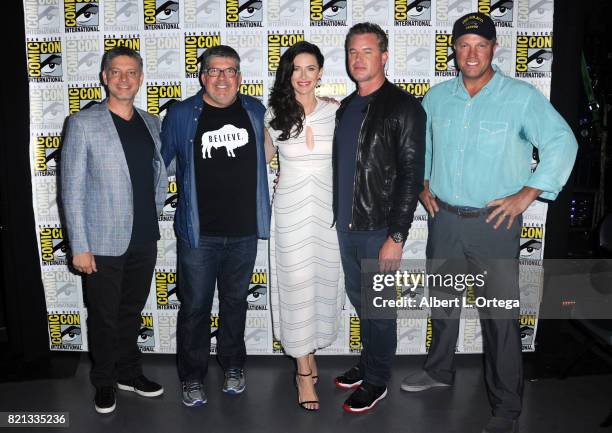 Writer/producer Steven Kane, moderator Jim Halterman, actors Bridget Regan, Eric Dane and Adam Baldwin at TNT's "The Last Ship" with Eric Dane: panel...