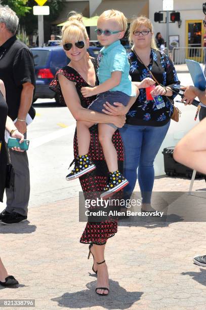 Actress Anna Faris and son Jack Pratt attend the premiere of Columbia Pictures and Sony Pictures Animation's "The Emoji Movie" at Regency Village...