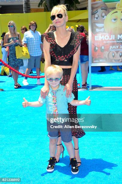 Actress Anna Faris and son Jack Pratt attend the premiere of Columbia Pictures and Sony Pictures Animation's "The Emoji Movie" at Regency Village...