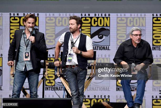 Actors Richard Speight Jr. And Rob Benedict and director/producer Robert Singer at the "Supernatural" panel during Comic-Con International 2017 at...