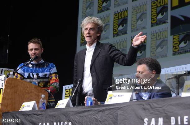 Moderator Chris Hardwick, actor Peter Capaldi and writer/producer Steven Moffat speak onstage during 2017 Comic-Con International at San Diego...
