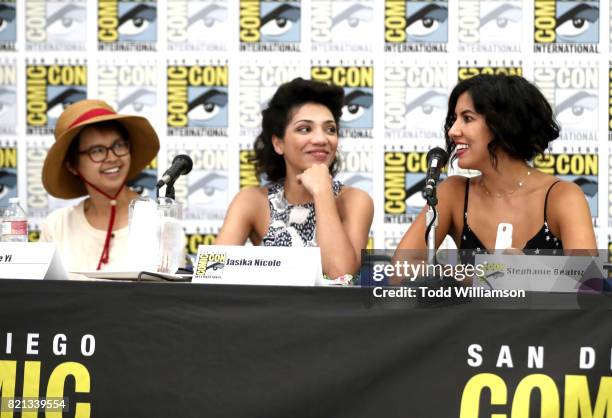 Actors Charlyne Yi, Jasika Nicol and Stephanie Beatriz attend Amazon's KIDS JOINT signing area during San Diego Comic-Con International 2017 at the...