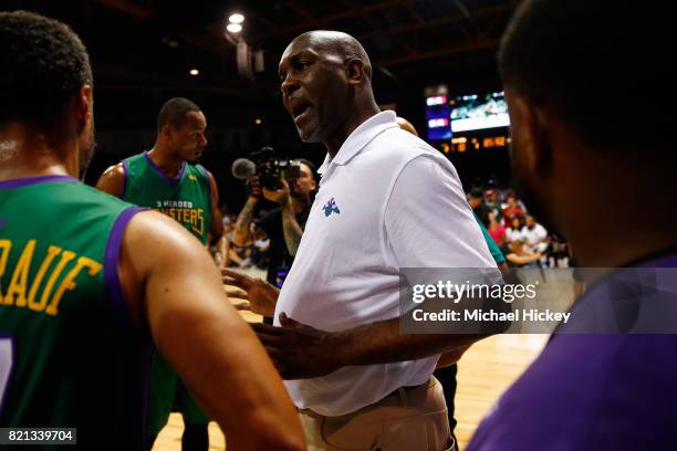 Coach Gary Payton of the 3 Headed Monsters speaks to his team during a timeout against 3's Company during week five of the BIG3 three on three...