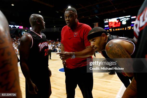 Coach Rick Mahorn of Trilogy speaks to his team during a timeout against Tri-State during week five of the BIG3 three on three basketball league at...