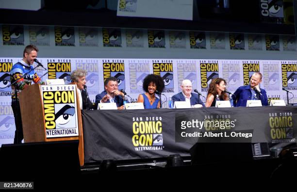 Chris Hardwick, Peter Capaldi, Steven Moffat, Pearl Mackie, Matt Lucas, Michelle Gomez, and Mark Gatiss at "Doctor Who" BBC America official panel...