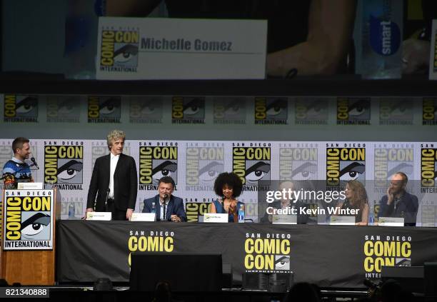 Chris Hardwick, Peter Capaldi, Steven Moffat, Pearl Mackie, Matt Lucas, Michelle Gomez, and Mark Gatiss at "Doctor Who" BBC America official panel...