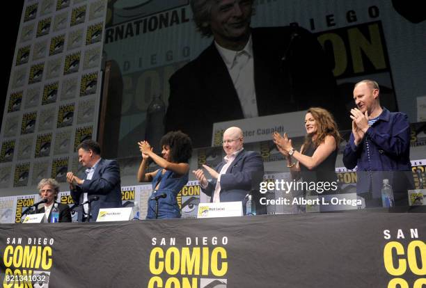 Chris Hardwick, Peter Capaldi, Steven Moffat, Pearl Mackie, Matt Lucas, Michelle Gomez, and Mark Gatiss at "Doctor Who" BBC America official panel...