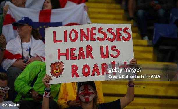 Fans of England with signs during the UEFA Women's Euro 2017 match between England and Spain at Rat Verlegh Stadion on July 23, 2017 in Breda,...