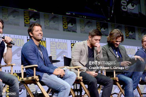 Actors Misha Collins, Jensen Ackles and Jared Padalecki at the "Supernatural" panel during Comic-Con International 2017 at San Diego Convention...