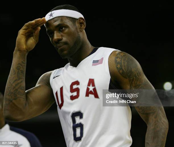 LeBron James of the USA Basketball Men's Senior National Team gestures during the USA Basketball International Challenge exhibition game against the...