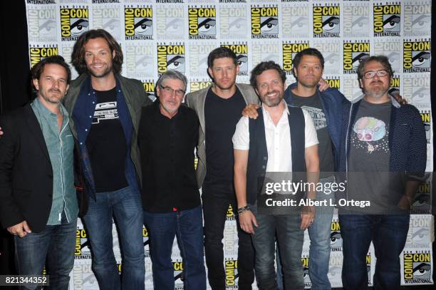 The cast and crew of "Supernatural" at the "Supernatural" panel during Comic-Con International 2017 at San Diego Convention Center on July 23, 2017...
