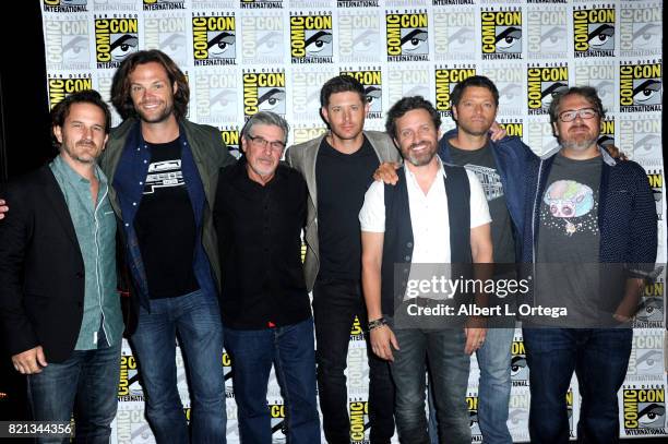 The cast and crew of "Supernatural" at the "Supernatural" panel during Comic-Con International 2017 at San Diego Convention Center on July 23, 2017...