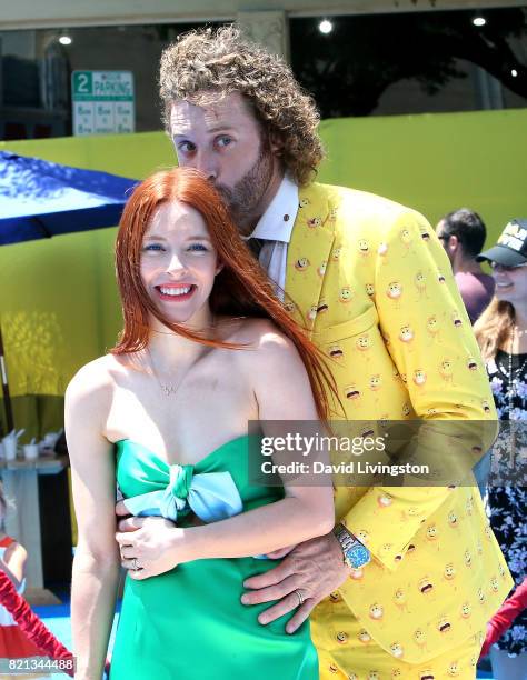 Actress Kate Gorney and actor T. J. Miller attend the premiere of Columbia Pictures and Sony Pictures Animation's "The Emoji Movie" at Regency...