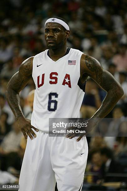 LeBron James of the USA Basketball Men's Senior National Team stands during the USA Basketball International Challenge exhibition game against the...