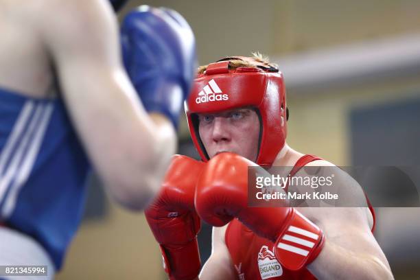 Aaron Bowen of England competes in the Boy's 75 kg Gold Medal bout between Aaron Bowen of England and Kane Tucker of Northern Ireland on day 6 of the...