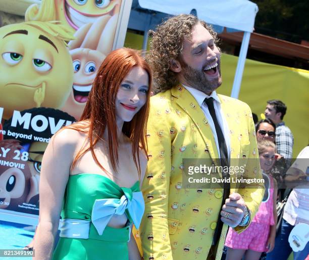 Actress Kate Gorney and actor T. J. Miller attend the premiere of Columbia Pictures and Sony Pictures Animation's "The Emoji Movie" at Regency...
