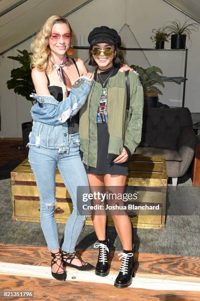 Actresses Jaime King and Vanessa Hudgens attend the Hudson Jeans FYF Fest Style Lounge at Exposition Park on July 23, 2017 in Los Angeles, California.