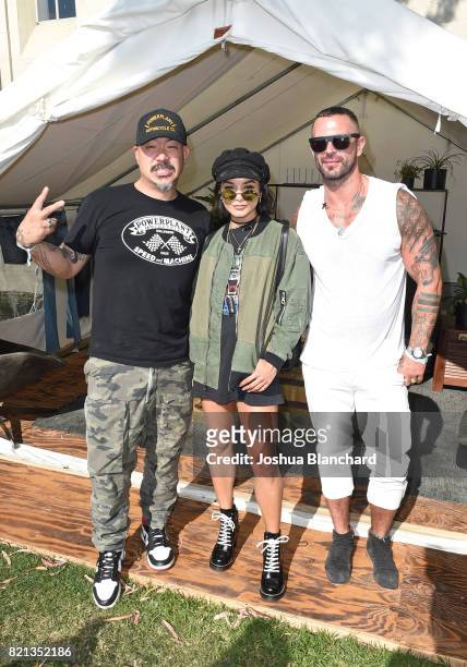 Hudson Jeans CEO Peter Kim, actress Vanessa Hudgens, and Hudson Jeans President Matthew Fior attend the Hudson Jeans FYF Fest Style Lounge at...