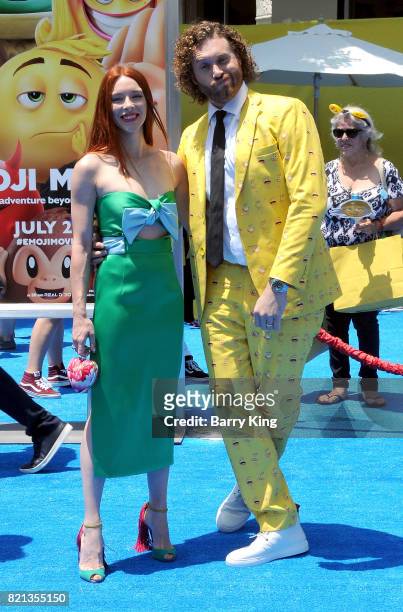 Actress Kate Gorney and actor T.J. Miller attend the premiere of Columbia Pictures and Sony Pictures Animations' The Emoji Movie' at Regency Village...