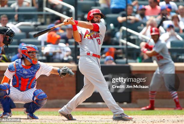 Matt Carpenter of the St. Louis Cardinals in action against the New York Mets at Citi Field on July 20, 2017 in the Flushing neighborhood of the...