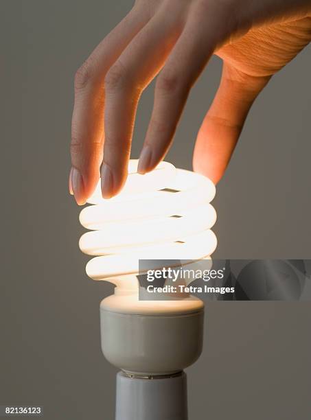 woman screwing in energy-efficient light bulb - resourceful bildbanksfoton och bilder