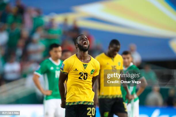 Kemar Lawrence of Jamaica celebrates after scoring the qualifying goal to the final during a match between Mexico and Jamaica as part of CONCACAF...