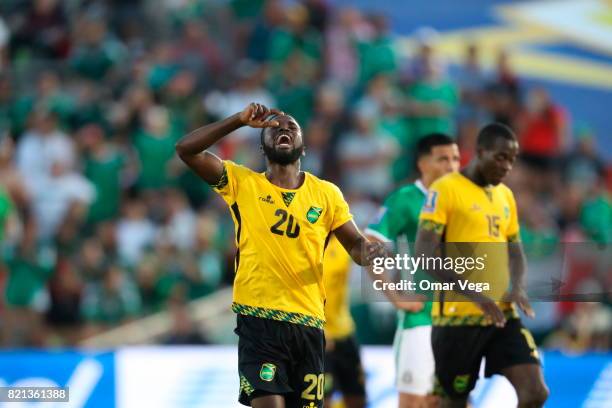 Kemar Lawrence of Jamaica celebrates after scoring the qualifying goal to the final during a match between Mexico and Jamaica as part of CONCACAF...