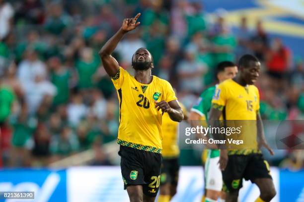 Kemar Lawrence of Jamaica celebrates after scoring the qualifying goal to the final during a match between Mexico and Jamaica as part of CONCACAF...