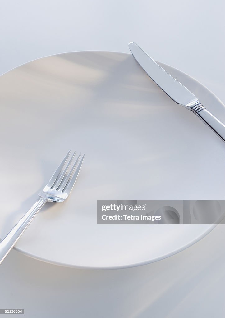 Close up of fork and knife on plate