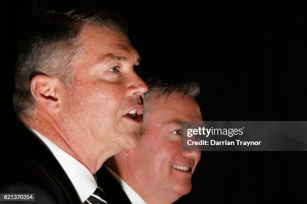 Collingwood Magpies AFL CEO Gary Pert and President Eddie McGuire speak to the media during a press conference at the Holden Centre on July 24, 2017...