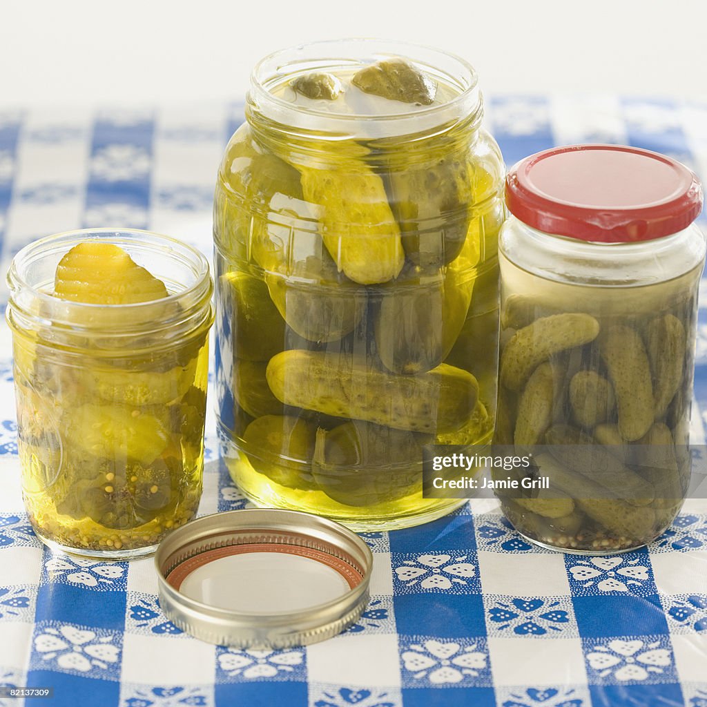 Close up of pickles in jars